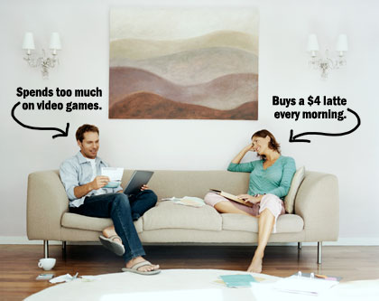 A couple sits on a couch and reviews their overspending habits.