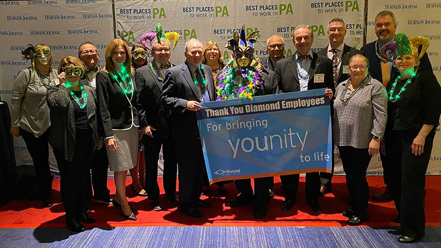 Members of Diamond’s Board of Directors, and management team, recognize all Diamond employees as they get into the spirit of the Mardi Gras theme at the 2019 Best Places to Work in PA awards.