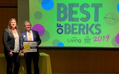 Accepting the “2019 Best of Berks – Financial Institution” award from Berks County Living are (L-R): Karen Hess, Business Services Lending Associate and Todd Rothenberger, Sr. Vice President/Chief Marketing and Retail Delivery Officer 