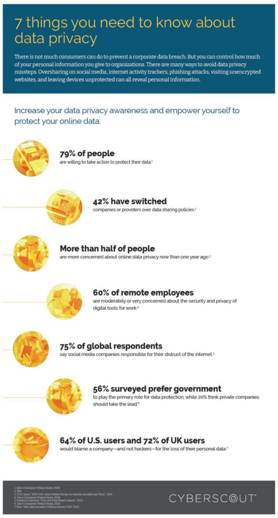 Infographic from CyberScout about data privacy statistics.