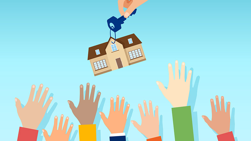 A house dangling above many hands reaching for it, illustrating a competitive housing market.