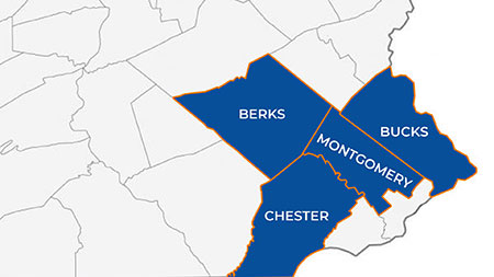 A map of PA highlighting Berks, Montgomery, Bucks, and Chester counties.