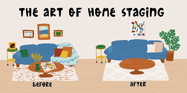 A before and after cartoon graphic showing the simplicity of the art of home staging.