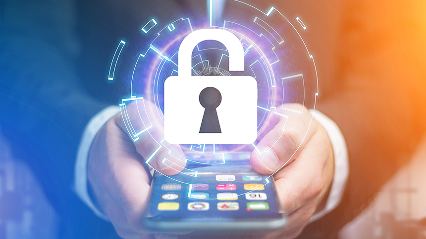 man's hands holding a smartphone with an unlocked padlock above to signify fraud safety and security.
