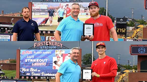 The Reading Fightin’ Phils co-strikeout leaders in 2023 being presented an award from Diamond at a baseball game.