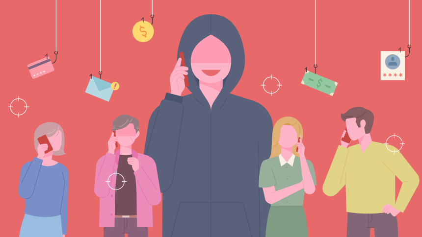 Five cartoon people on the phone, symbolizing vishing, a phone scam type of phishing attack.