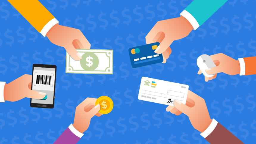 A cartoon image representing various Payment Methods - cash, check, credit card, etc.
