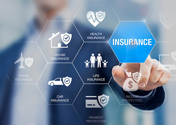 A person touching a holographic insurance button while different types of insurance surround it.