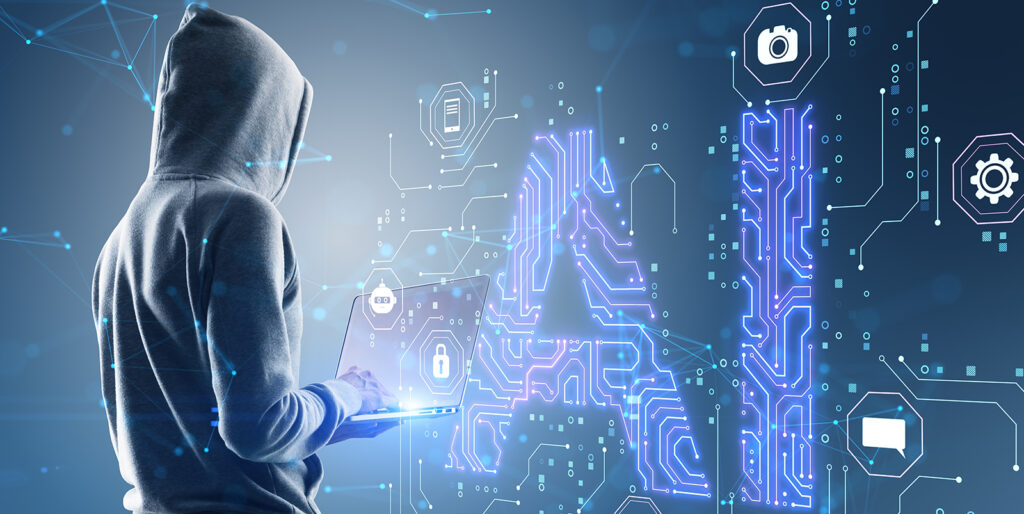 The back of a man in a hoodie with his hood up and he is on a laptop. "AI" is in big text in front of him.