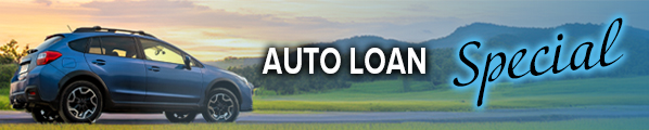 A blue subaru forester is on the left side of the image, with the background of a mountain scene with grass and the sun starting to set. The image has text that says, "Auto Loan Special." 