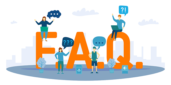 Large orange letters, "F.A.Q." With 4 animated people with thought bubbles above their heads filled with question marks. The graphic represents the blog, business finance frequently asked questions.