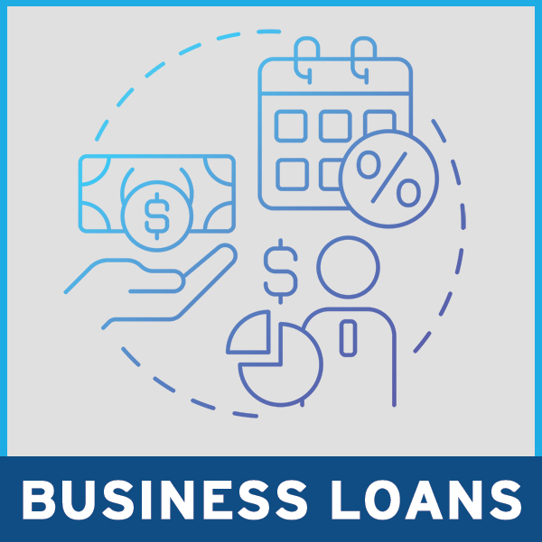 A graphic representing business loans with a hand holding a dollar bill, a percentage sign and a calendar.