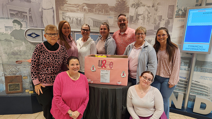 Diamond Credit Union's Human Resources team and members of the Pottstown branch's Retail Team pictured with some of the donations that were dropped off at the Pottstown branch for the Friends Like Me collection drive. They also wore pink to support those impacted by breast cancer. The Pottstown team is making a difference.