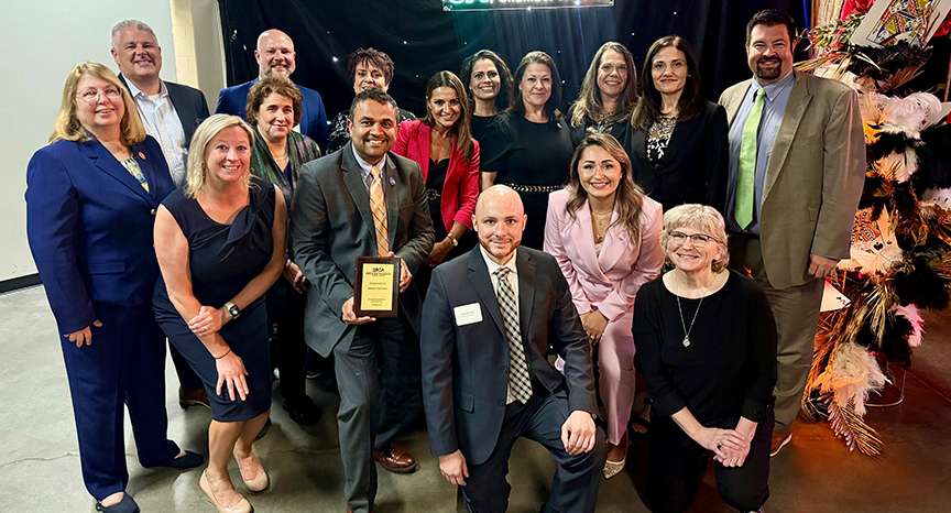 Diamond Credit Union employees and board members pictured at the Greater Reading Chamber Alliance's Award Dinner on May 21 and Santander Arena in Reading, Pa. Diamond's President/CEO, Rick Patel, is in the middle holding the Business Excellence Award.