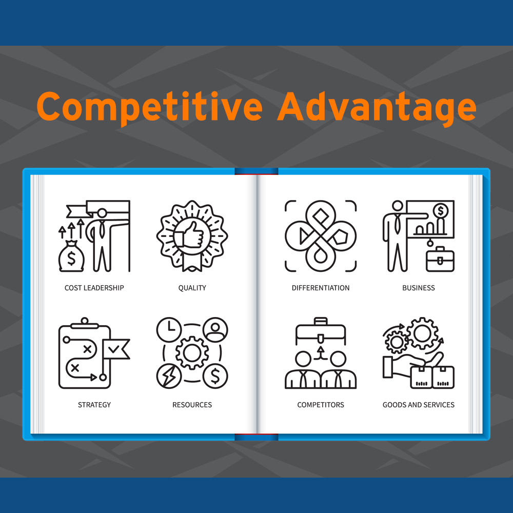 A graphic of an open book that lists competitive advantages for a business. The competitive advantages listed are: cost leadership, quality, strategy, resources, differentiation, business, competitors, goods and services.