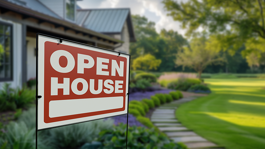 This image represents the blog, "Do Open Houses Sell Homes, or Is There a Better Strategy?" In the left foreground is a red and white yard sign. It says, "Open House," in white, capitalized letters, on a red background. In the background is part of a house that is out of focus with a walkway and yard.