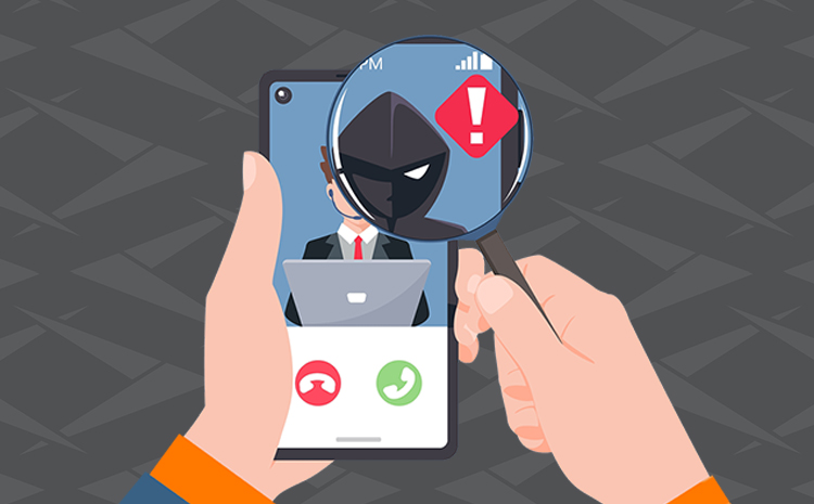 A graphic that shows hands holding a phone that has the image of a business man on the top half and the decline or answer buttons below the image. The person's right hand is holding a magnifying glass that is hovering over the image of the businessman. In the magnifying glass, you see that the person is actually a scammer wearing all black and covering their face. It shows that when you investigate these calls more you can see when they are phone scams.