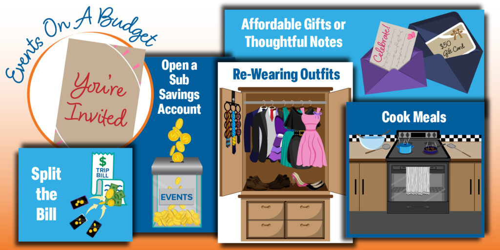A graphic to show some things to do when attending events while on a budget. There are clothes hanging up in a closet with "Re-wear clothing" over it then two cards to the write that say "affordable gifts or thoughtful notes." Then another graphic of a receipt with "split the bill" next to it.