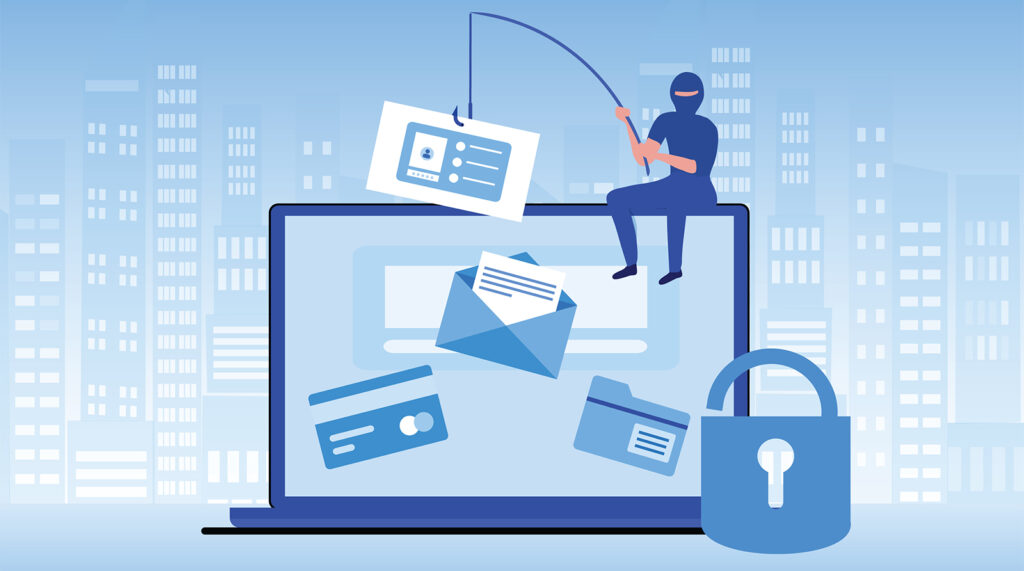 A graphic of a large laptop with a fraudster sitting on top of the laptop. The fraudster is dressed in all black and is holding a fishing pole to demonstrate stealing your information through a phishing scam.