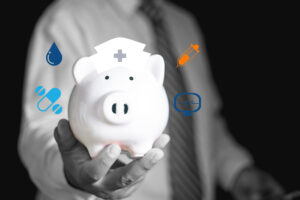 health savings account. black and white man in background holding piggy bank with medical cap with icons of droplet, pill, heart monitor and shot around it.