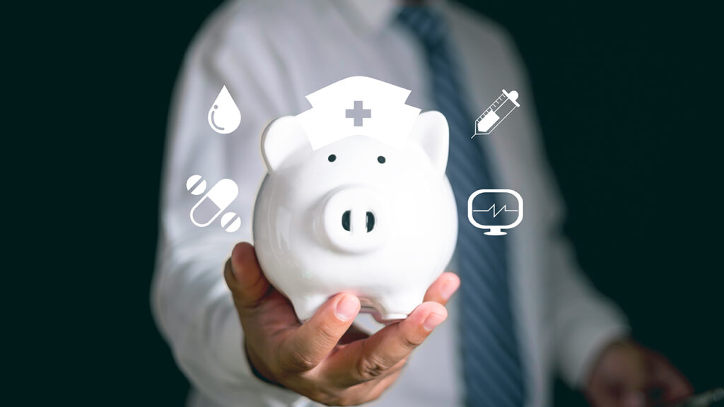man wearing a white shirt and blue tie holding a white piggy bank with a white nurses hat. four medical vector icons surround the piggy bank. do i need an hsa?