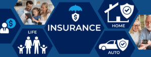 blue rectangle with 7 hexagons. Hexagons have vector images of home, car, and people. Others include image of man, woman and young girl sitting on a sofa looking at an iPad, and other has a senior man and woman looking at their phone. Middle hexagon has word INSURANCE with a shield and umbrella vector above.