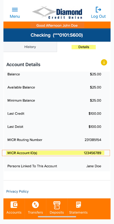 screenshot of Mobile app MICR for direct deposit/ fednow service