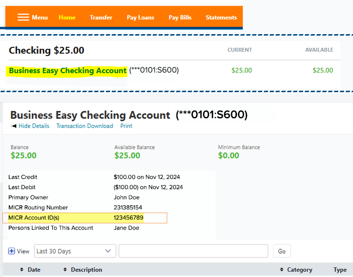 screen shot of Online Banking MICR for direct deposit/ fednow service