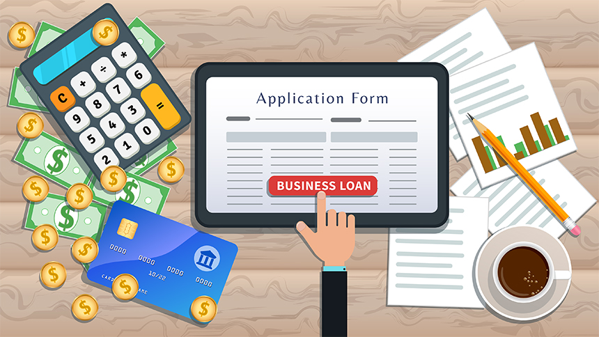 This graphic represents SBA loans. In the middle is a table with "Application Form" in the top middle of the screen. Then there is a red button towards the bottom of the screen that says, "Business Loan" in capitalized letters. On the right side of the image there are 4 sheets of paper, there are grey lines that run horizontally across to represent text but they don't say anything. The paper on top has a bar graph on it, but it does not represent anything.  There is an aerial vector graphic of a coffee cup. On the left side, there is a calculator sitting on top of dollar bills with gold coins thrown around and on top of the collars and calculator. there is a generic debit card at the bottom. Then there is a hand coming up from the bottom and it's reaching to click the business loan button on the tablet.