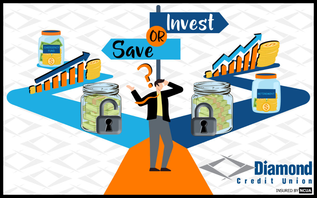 A graphic with a person trying to decide whether they should save their money or invest it.