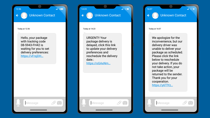 Three phones showing text messages from an unknown contact with three different smishing scam attempts.