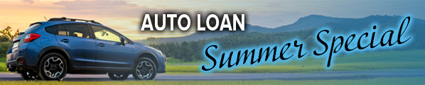 A blue subaru forester is on the left side of the image, with the background of a mountain scene with grass and the sun starting to set. The image has text that says, "Auto Loan Summer Special." 