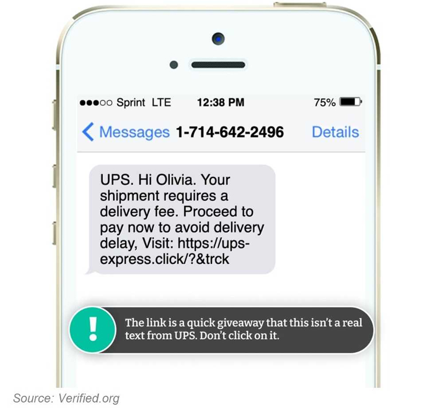 An iPhone with a message on the screen that shows a common UPS scam. The message says, "UPS. Hi Olivia. Your shipment requires a delivery fee. Proceed to pay no to avoid delivery delay, Visit: https://ups-express.click/?&trck At the bottom of the screen is a warning in a gray bar that displays a message, "The link is a quick giveaway that this isn't a real text from UPS. Don't click on it."