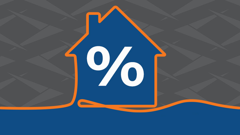 The outline of a single house, where the outline on the bottom extends to both sides of the graphic. There is a large percentage symbol in the middle of the house to symbolize mortgage rates.