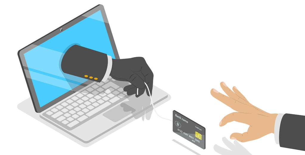 A graphic for the blog, "Your Digital Life May Not Be Your Own." On the left is a graphic of a laptop with a hand reaching through the screen. From the bottom right corner, another hand reaches to give the hand a debit car, to represent a victim paying a scammer.