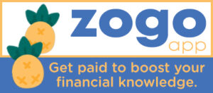 zogo app logo with pineapples to the left and yellow words underneath that read "Get paid to boost your financial knowledge."