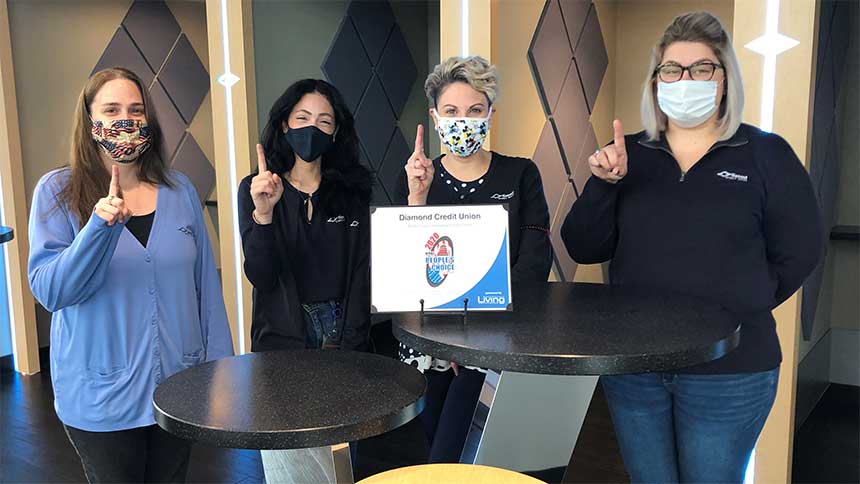 Photo: There are grateful smiles behind the masks of team members across Diamond. Here, members of the Muhlenberg branch team celebrate the 2020 People’s Choice award. 
