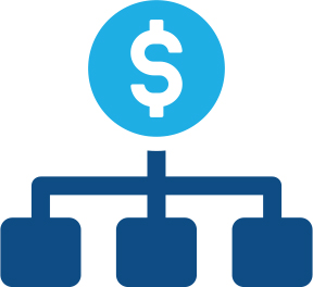 blue circle with a dollar sign with a line below in a flow chart branching to three different boxes.