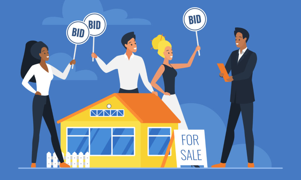House for sale, competitors bidding to buy real estate. People holding Bid paddles. representing cash home buyers and financing offers.