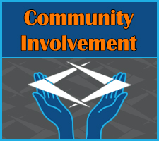 blue vector hands holding up a white diamond logo. blue box above with orange words that read "Community Involvement". diamond logo wallpaper in the background.