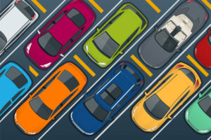 10 multi-color vector cars in a parking lot.