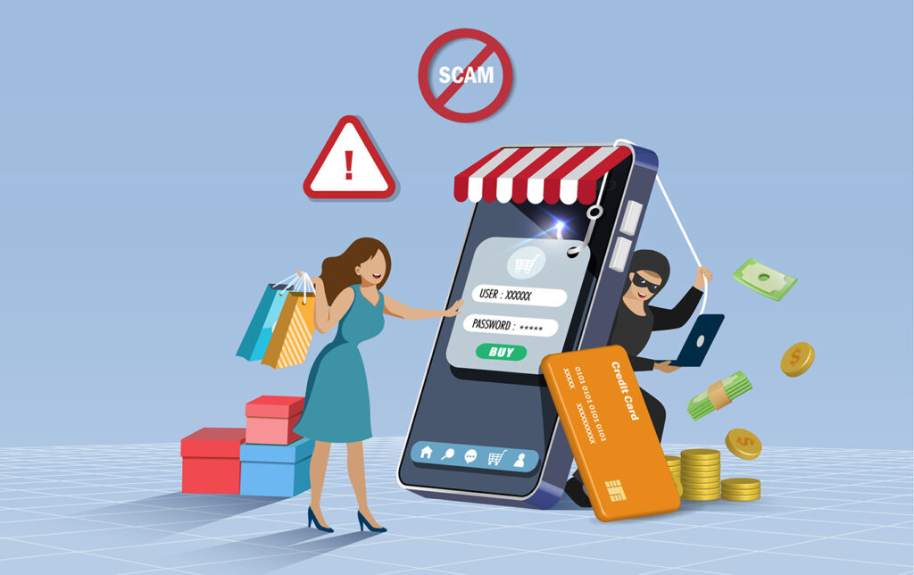 A vector graphic to represent the blog, Tis the Season for Fake Shopping Sites, A woman is shopping on a smartphone that is as tall is she is. She is entering in her card information. Behind the phone is a scammer dressed in black. It's like he is collecting her card information as she enters it into the phone.