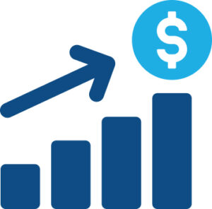 increasing bar graph with an arrow following the increase. the last bar has a blue circle with a dollar sign above it.