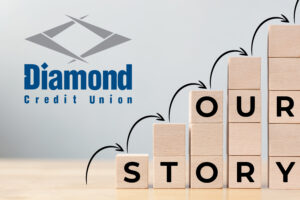 stacks of increasing wooden blocks with black arrows following. "Our Story" written on the blocks and the diamond logo in the upper left hand side.