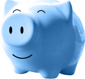 smiling blue piggy bank to represent Savings And Checking Accounts