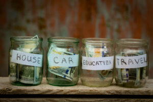 different type of savings account options. 4 clear glass jars with 100 dollar bills inside. Jars labeled "House" "Car" "Education" "Travel".