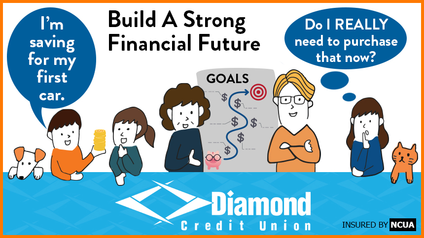 This graphic goes along with the blog, Teaching Your Family About Money. The graphic says, "Build a Strong Financial Future," in the middle. Along the bottom are graphics of a family, one sone and two daughters with their mom and dad. The mom and dad are in the middle holding a chart that says, "Goals," with a target at the top. At the bottom is a piggy bank and a line runs diagonally to the target. The son has a though bubble that says, "I'm saving for my first car." The daughter has a thought bubble that says, "Do I REALLY need to purchase that now?"